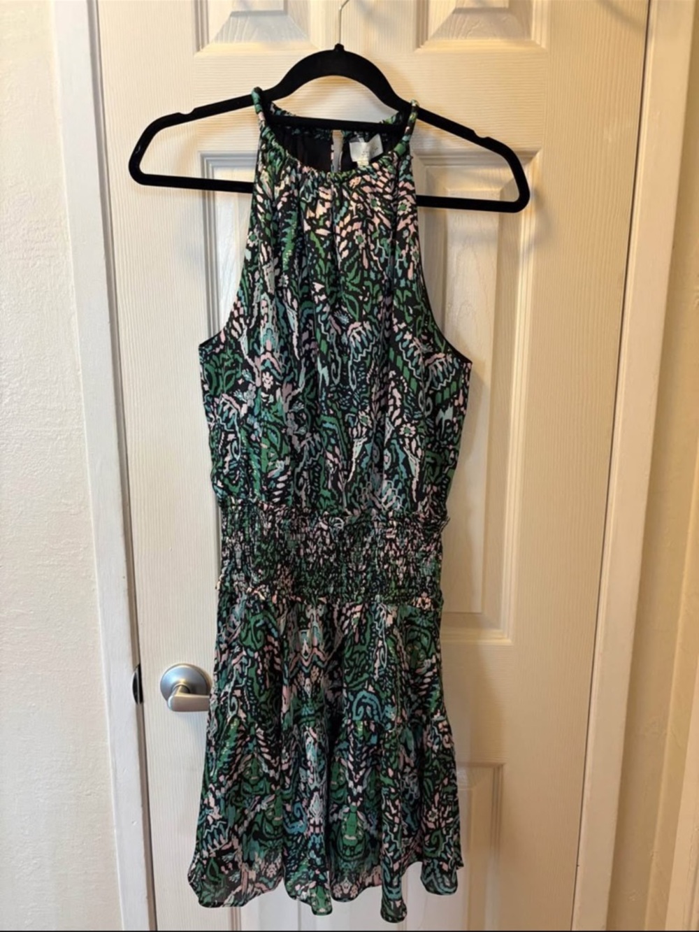 Pinch Green and Black Printed Halter Mini Dress